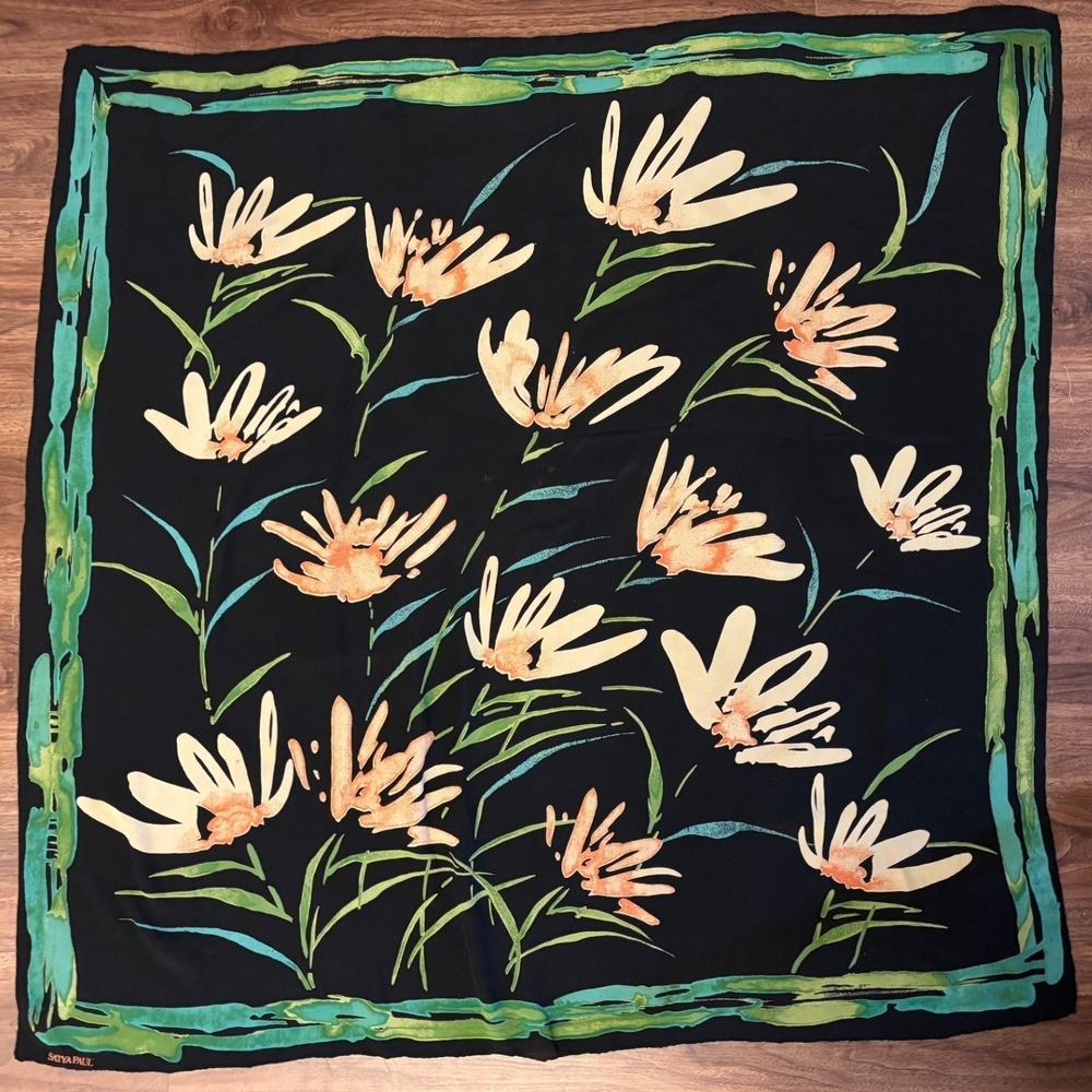 Satya Paul Pure Silk Floral Square Scarf Black Green Orange Accessories 2447